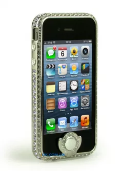 Бампер с кнопкой в стразах на iPhone 4/4S, серебряный