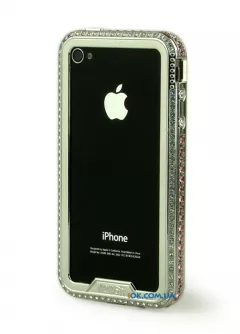 Бампер с кнопкой в розовых стразах на iPhone 4/4S, серебряный
