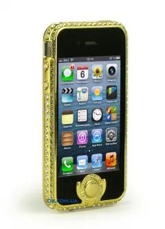 Бампер с кнопкой в стразах на iPhone 4/4S, светлое золото