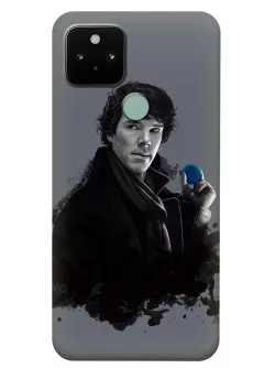 Пиксель 5 чехол - Сериал Шерлок Холмс, Бенедикт Камбербэтч наблюдая держит синий мячик художественный арт