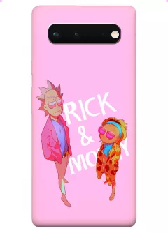 Бампер для Пиксель 6 из силикона - Rick and Morty Рик и Морти модные главные герои на розовом фоне