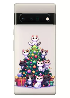 Прозрачный силикоовый чехол для Pixel 6 Pro - Котики ждут Новый Год