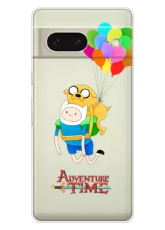 Google Pixel 7 чехол силиконовый прозрачный - Adventure Time Время приключений лого Фин и Джейк спускаются на воздушных шариках 