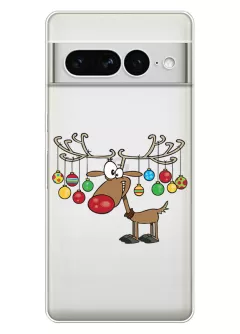 Pixel 7 Pro прозрачный силиконовый чехол с принтом оленя и новогодних шариков