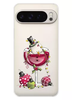Pixel 9 Pro XL новогодний прозрачный силиконовый чехол - Снеговик в бокале вина