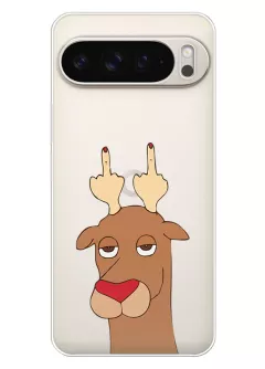 Прикольный новогодний чехол нв Pixel 9 Pro XL из прозрачного силикона - Олень с факами