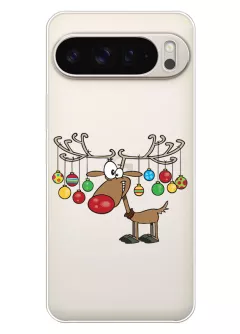 Pixel 9 Pro XL прозрачный силиконовый чехол с принтом оленя и новогодних шариков