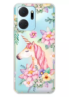 Чехол на Huawei Honor X7a для девочек - Единорог в цветах