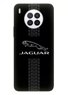Чехол для Huawei Nova 8i из силикона - Jaguar Ягуар белый логотип крупным планом и следы шин колеса