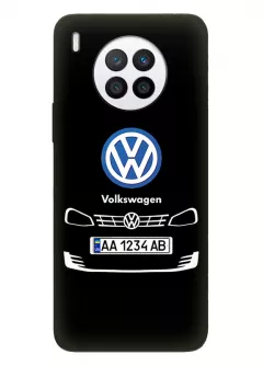 Бампер для Хуавей Нова 8и из силикона - Volkswagen Фольксваген классический логотип крупным планом с номерным знаком и передней частью кузова (Дизайн 2)