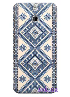 Чехол для HTC One E8 - Вышиванка в синих цветах