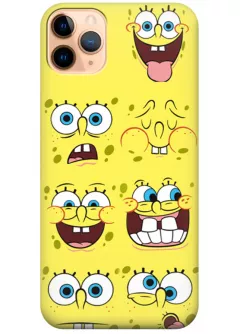 iPhone 11 Pro чехол из силикона - SpongeBob SquarePants Губка Боб Квадратные Штаны коллаж из эмоций на желтом фоне желтый чехол (Чехол 1)