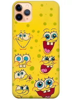 iPhone 11 Pro чехол из силикона - SpongeBob SquarePants Губка Боб Квадратные Штаны коллаж из эмоций на желтом фоне желтый чехол (Чехол 2)