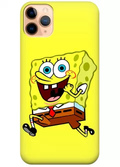 iPhone 11 Pro чехол из силикона - SpongeBob SquarePants Губка Боб Квадратные Штаны улыбающейся бежит на полной скорости желтый чехол