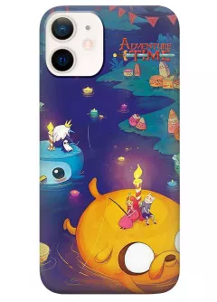 iPhone 12 Mini чехол силиконовый - Adventure Time Время приключений лого с героями на рыбалке Финн Парнишка Принцесса и Ледяной Король