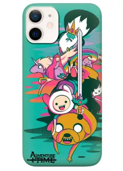 iPhone 12 Mini чехол силиконовый - Adventure Time Время приключений лого с героями мультфильма в атаке зеленый чехол