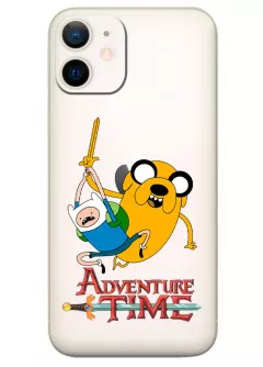 iPhone 12 Mini чехол силиконовый прозрачный - Adventure Time Время приключений лого Финн Парнишка и Джейк атакуют прозрачный чехол