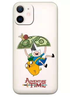 iPhone 12 Mini чехол силиконовый прозрачный - Adventure Time Время приключений Фин Джейк и улитка спускаются на парашюте-долларе прозрачный чехол