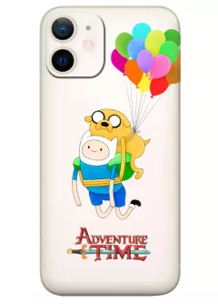 iPhone 12 Mini чехол силиконовый прозрачный - Adventure Time Время приключений лого Фин и Джейк спускаются на воздушных шариках прозрачный чехол