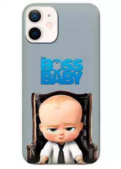 iPhone 12 Mini чехол силиконовый - Baby Boss Босс-молокосос лого Бэби Босс в кожаном кресле на сером фоне