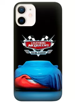 iPhone 12 Mini чехол силиконовый - Cars Тачки лого Racing Academy Молния Маккуин черный чехол