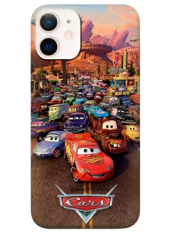 iPhone 12 Mini чехол силиконовый - Cars Тачки лого Молния Маккуин со всеми тачками
