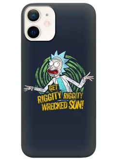 Бампер для Айфон 12 Мини из силикона - Rick and Morty Рик и Морти удивленный профессор Get Riggity Riggity Wrecked Son!