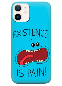 Бампер для Айфон 12 Мини из силикона - Rick and Morty Рик и Морти монстр крупным-планом Existence is Pain голубой чехол