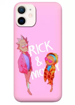 Бампер для Айфон 12 Мини из силикона - Rick and Morty Рик и Морти модные главные герои на розовом фоне