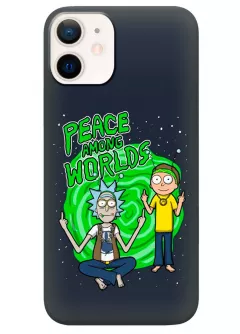 Бампер для Айфон 12 Мини из силикона - Rick and Morty Рик и Морти Peace Among Worlds главные герои с антеннами
