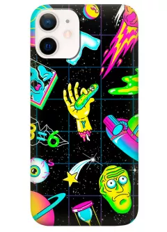Наладка для Айфон 12 Мини из силикона - Rick and Morty Рик и Морти коллаж на фоне космоса