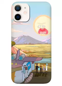 Наладка для Айфон 12 Мини из силикона - Rick and Morty Рик и Морти герои наблюдают сердитое солнце планеты