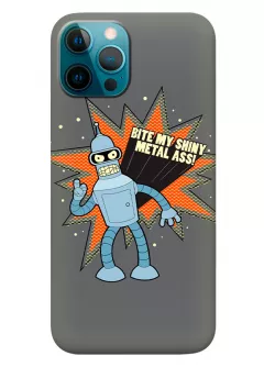 Чехол для Айфон 12 Про из силикона - Futurama Футурама вектор-арт Бендер Bite My Shiny Metal Ass!