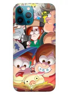 Чехол для Айфон 12 Про из силикона - Gravity Falls Гравити Фолз Диппер Мейбл и Пухля читают книгу на фоне героев мультсериала