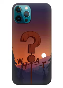 Чехол для Айфон 12 Про из силикона - Gravity Falls Гравити Фолз WHAT Logo в лесу на закате солнца