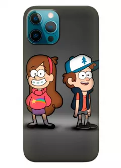 Чехол для Айфон 12 Про из силикона - Gravity Falls Гравити Фолз Диппер и Мейбл Пайнс улыбаются на сером фоне