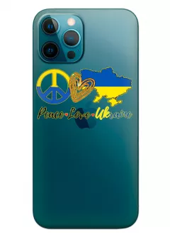 Чехол на iPhone 12 Pro Max с патриотическим рисунком - Peace Love Ukraine