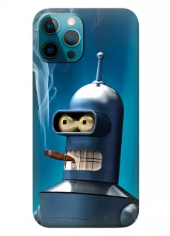 Айфон 12 Про Макс чехол из силикона - Futurama Футурама Бендер с сигарой крупным планом на синем фоне синий чехол