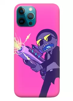 Наладка для Айфон 12 Про Макс из силикона - Rick and Morty Рик и Морти человек в черном атакует розовый чехол