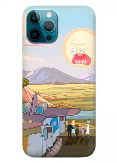 Наладка для Айфон 12 Про Макс из силикона - Rick and Morty Рик и Морти герои наблюдают сердитое солнце планеты