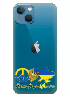 Чехол на iPhone 13 Mini с патриотическим рисунком - Peace Love Ukraine