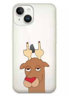 Прикольный новогодний чехол нв iPhone 14 из прозрачного силикона - Олень с факами
