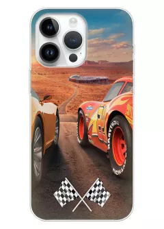 iPhone 15 Pro чехол силиконовый - Cars Тачки Молния Маккуин и Сморкач на старте