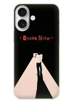 Бампер для Айфон 16 - Тетрадь смерти Death Note красное название и Эл Лоулайт смотрит на монитор вектор-арт
