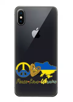 Чехол на iPhone X с патриотическим рисунком - Peace Love Ukraine