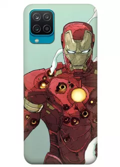 Бампер для Samsung M12 из силикона - Железный человек Комикс Марвел Marvel Comics Iron Man расстрелянный костюм Тони Старка после битвы бирюзовый чехол