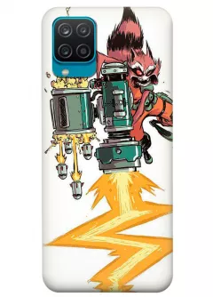 Бампер для Samsung M12 из силикона - Реактивный Енот Ракета Комикс Марвел Marvel Comics Rocket Raccoon бешено стреляет из ракетницы и энергетического ружья белый чехол
