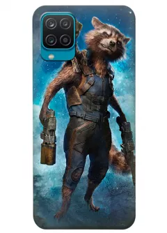 Бампер для Samsung M12 из силикона - Реактивный Енот Ракета Комикс Марвел Marvel Comics Rocket Raccoon в полный рост с двумя ружьями в руках