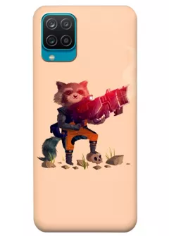 Бампер для Samsung M12 из силикона - Реактивный Енот Ракета Комикс Марвел Marvel Comics Rocket Raccoon с улыбкой держит ружье в мультяшном стиле бежевый чехол