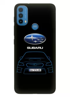 Моторола Е30 чехол из силикона - Subaru Субару логотип и автомобиль машина синяя Impreza WRX вектор-арт купе седан с номерным знаком